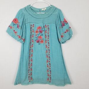 Umgee Teal Colorful Floral Embroidered Small Shirt Sleeve Mini Dress Bohemian